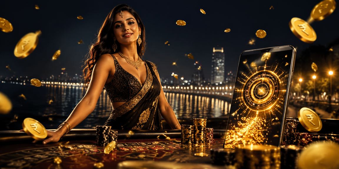 Mobile casino gaming app with rupee symbol in Mumbai Marine Drive backdrop